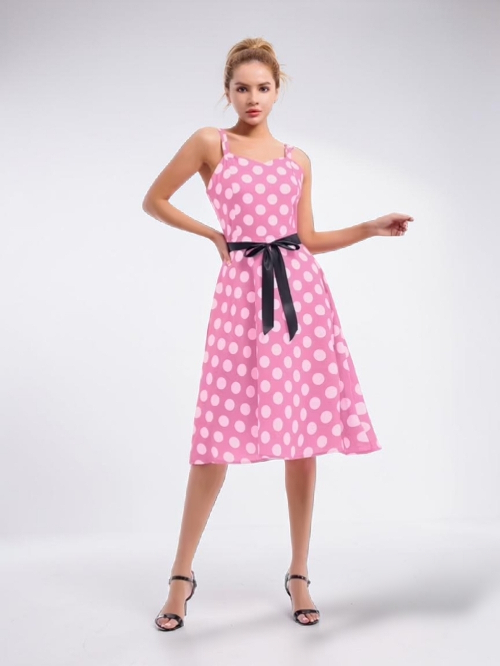 IWEMEK - Small Pink Polka Dot A-Line Dress with Black Waist Tie - Picture 4 of 10